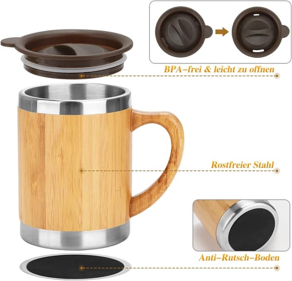 350 ml bambu-teräksinen kahvimuki, eristetty muki kahvalla