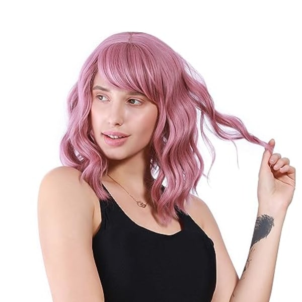 Pink Wave kort Bob för kvinnor Lila Rosa peruk Curly Wave Shoulder L