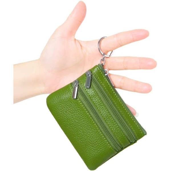 Myntväska i äkta läder för kvinnor med nyckelring, grön, en one size