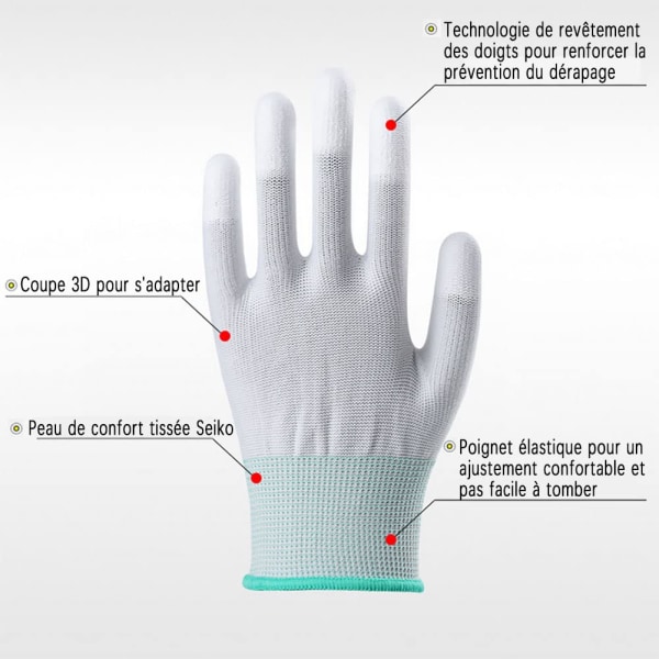 2 Par Anti-Statiske PU-Belagte Skridsikre Fingertip Handsker Holdbare B
