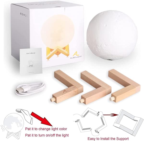 3D Månelampe, 3 Farvede LED Natlys, 15cm Diameter, USB Opladning