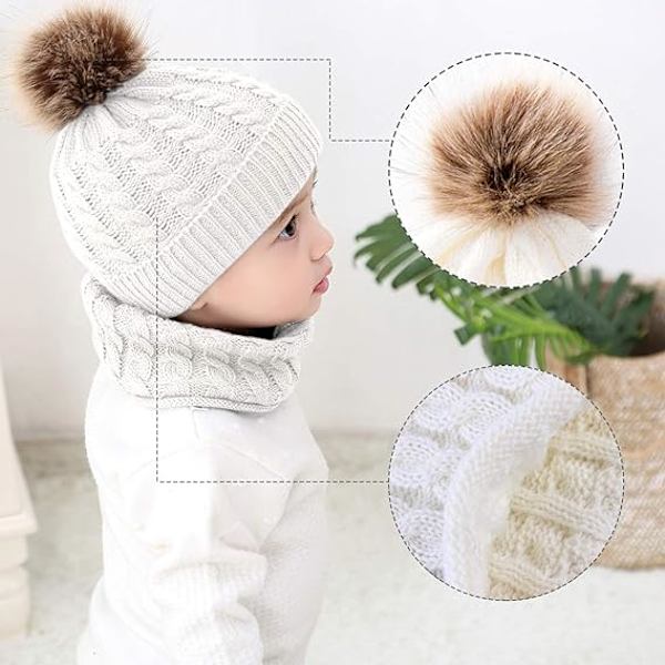 2-pack Bebis Stickad Mössa Halsduk Vinter Varm Beanie Med Pompom