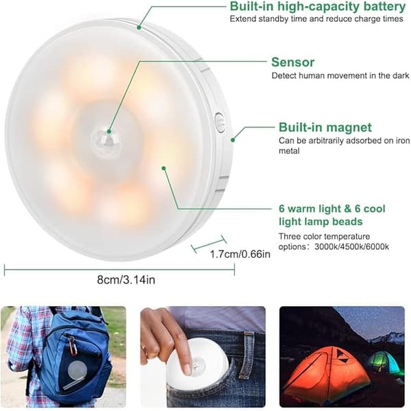 2 stk LED Menneskesensor Lille Natlys Trådløs Magnetisk Sugning