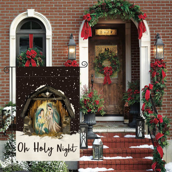 Oh Holy Night Jesus Julekrybbe Haveflag 12 x 18 Tommer Dobbeltsidet