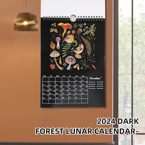 Väggkalender 2024, Mörk Skog Månekalender 2024 2025 med 12 Månader, Färgglad Kontors Månefas Kalender 2024, Svart