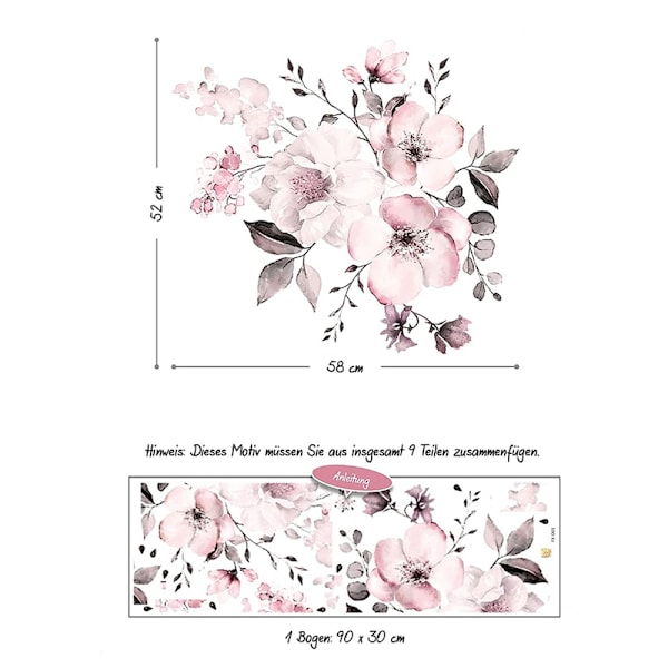 Vintage väggdekaler BLOMMA i ljusrosa (58x52 cm) I självhäftande