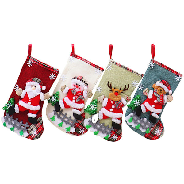 4 st julstrumpor presentpåse tomte snögubbe 3d plysch strumpa han