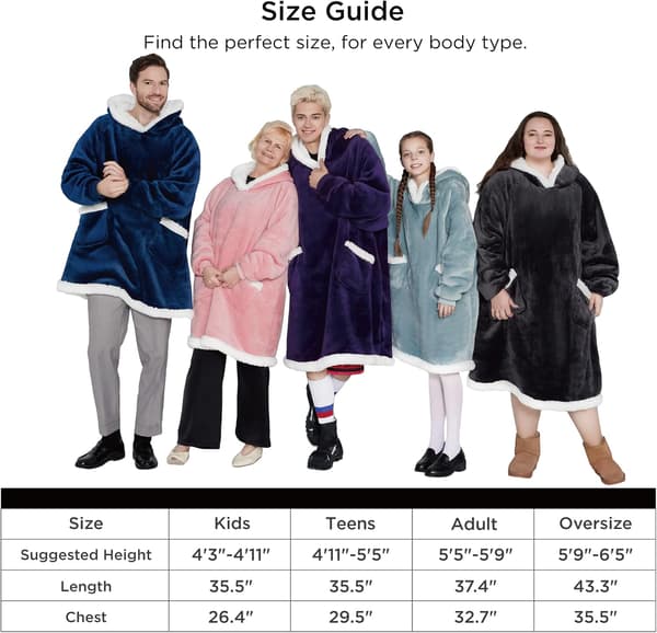 Bærbar pledd-genser - Sherpa fleece hettegenser for voksne