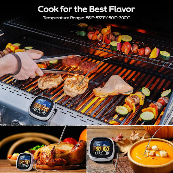 Kötttermometer, med lång sond, digital kötttermometer med stor pekskärm LCD, kökstimer, grilltermometer
