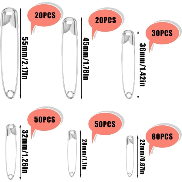 250 Stycken Säkerhetsnålar i 6 Storlekar - Sybehör, Rostfria