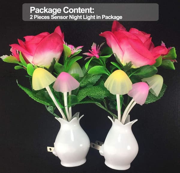 2-pak, LED-natlampe i svampeform med blomst