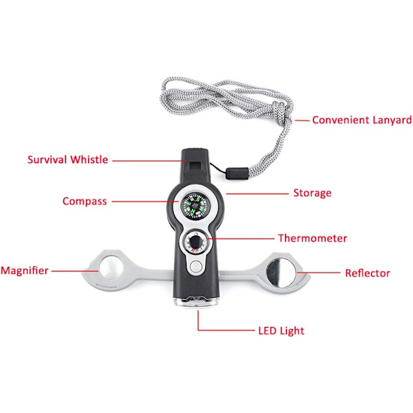 Mini Multifunktionell Utomhus Sport Nödsituation Överlevnadsverktyg, Visselpipa, Kompass, Termometer, Karabinkrok, Klocka (Off-vit)