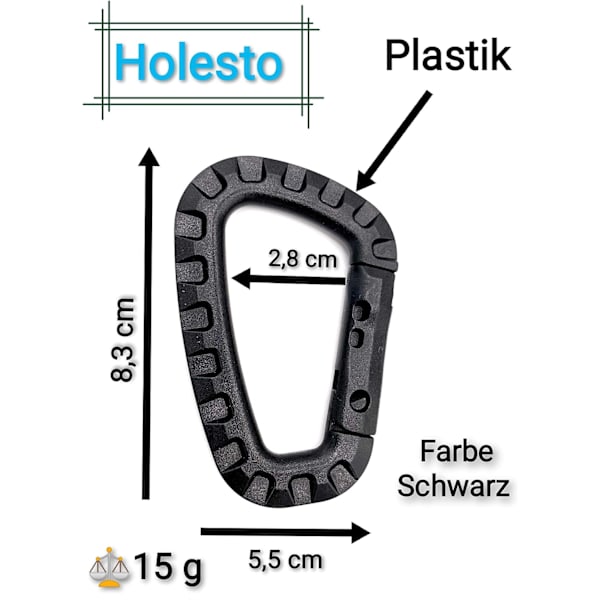 Set med 5 plastkarbinhakar - Svart - D-formade
