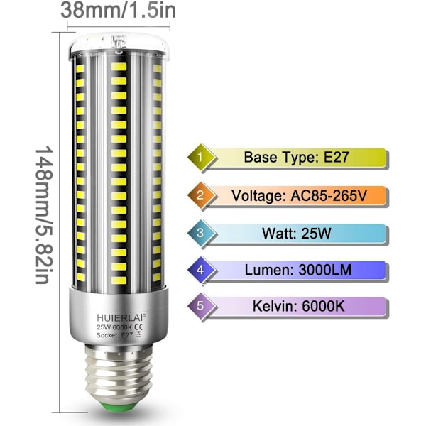 E27 LED Majslys Pære 25W Dagslys Hvid LED Pære 6000K 3000LM