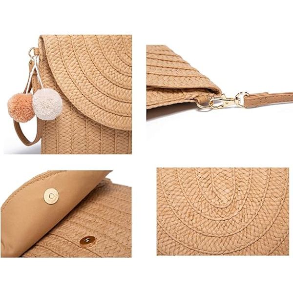Halm axelväska Halmkoppling Kvinnor Handvävda PomPom Halm Crossbody väska Sommar Strand Kuvert Plånbok（Beige）