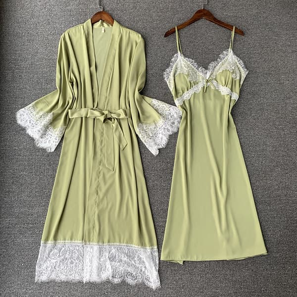 2-delad pyjamas Ice Silk Dam Höst Nytt Linne Nattlinne Lång