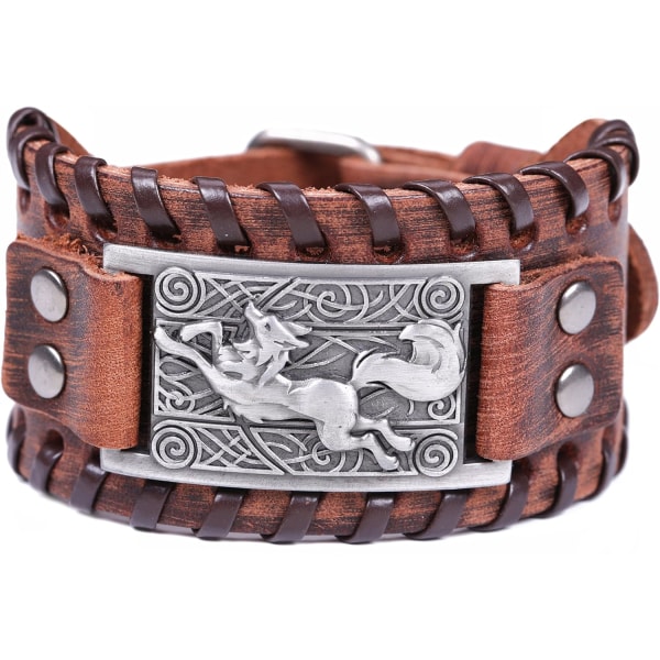 Lemegeton Viking Stil Læderarmbånd med Keltisk Ulv og Ræv