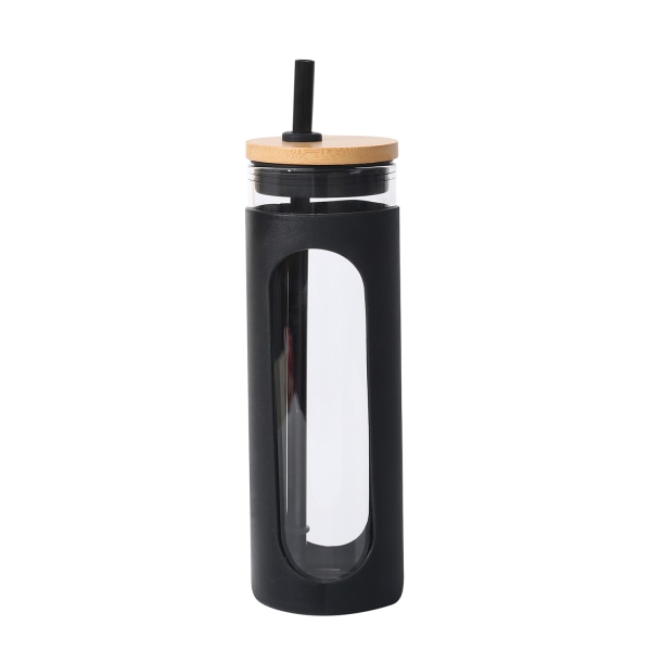 24 oz glas vandflaske med bambus låg og sugerør, bred mund vand tumbler, strå silikone beskyttelseshylster BPA FREE-B