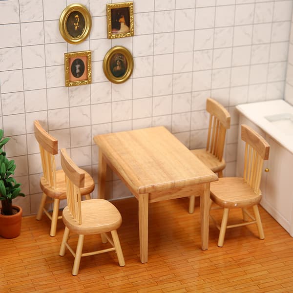 5 st 1/12 Dockhus Miniatyr Matbord Stol Trä Möbel