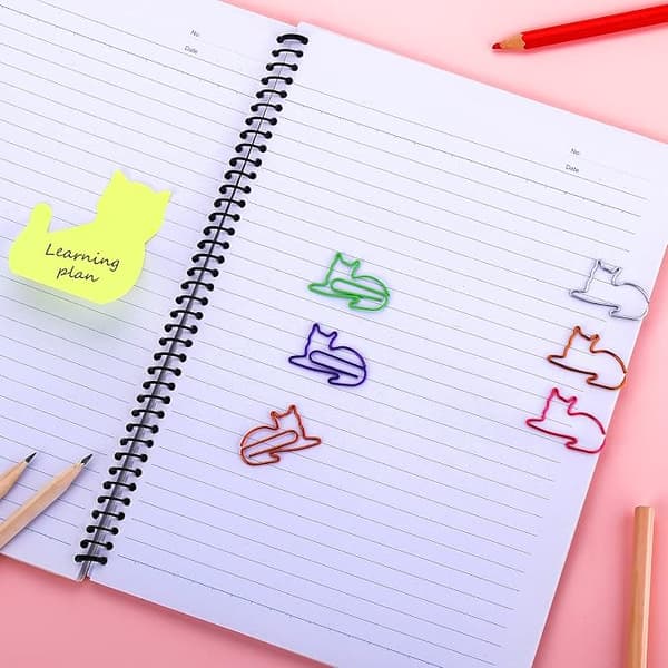 Sæt med 6 Sticky Note Pads i Katteform med Papirclips, 180 Ark