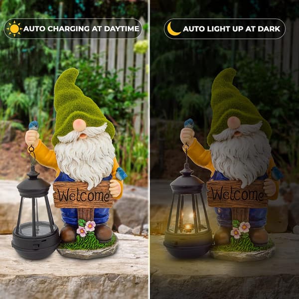 Havefigur til haven - Flocked Havefigur med Lanterne og Solcelle-LED Lys | Havepynt til Terrasse