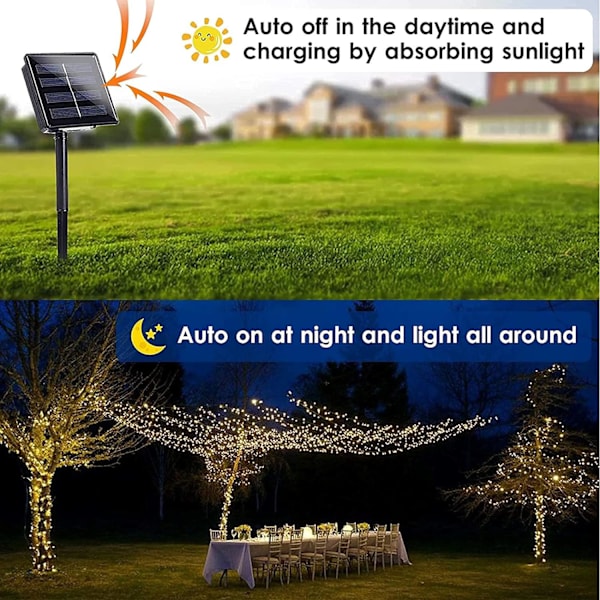 20M 200 LED Solcellelys Utendørs Vanntette Solcellelys