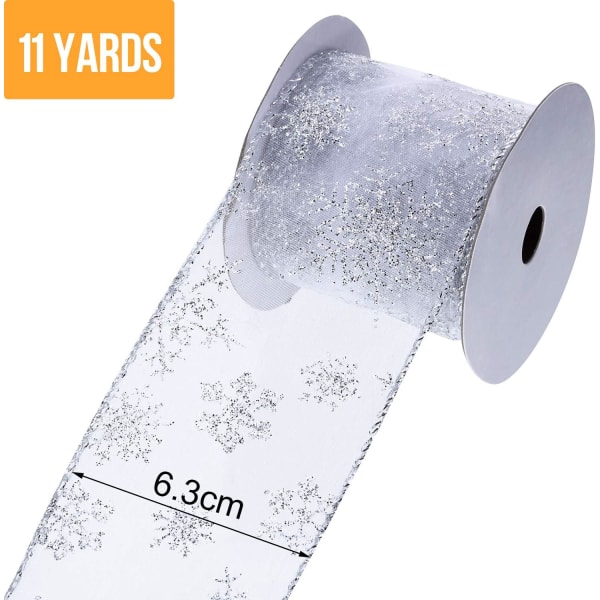 2-pack 6,3 cm 11 yards Organza Band med Snöflinga, Tråd, Transparent, Glitter