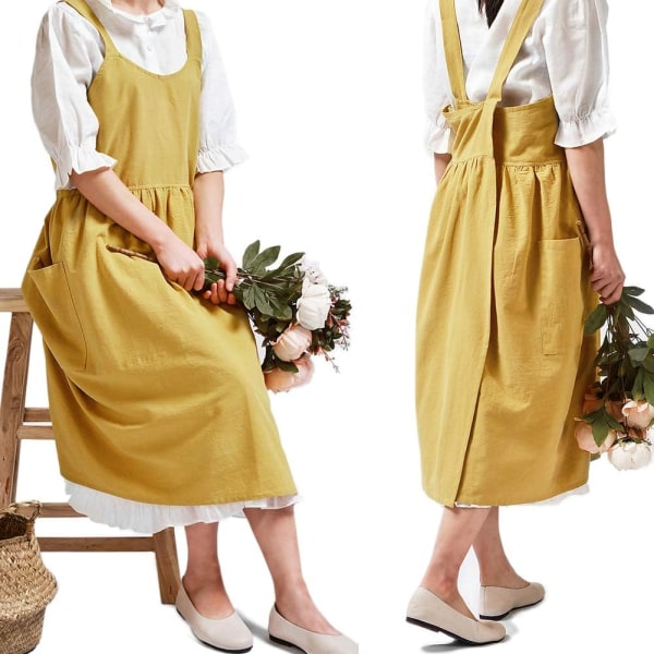 Bomull linne kors ryggförkläde för kvinnor med fickor för matlagning