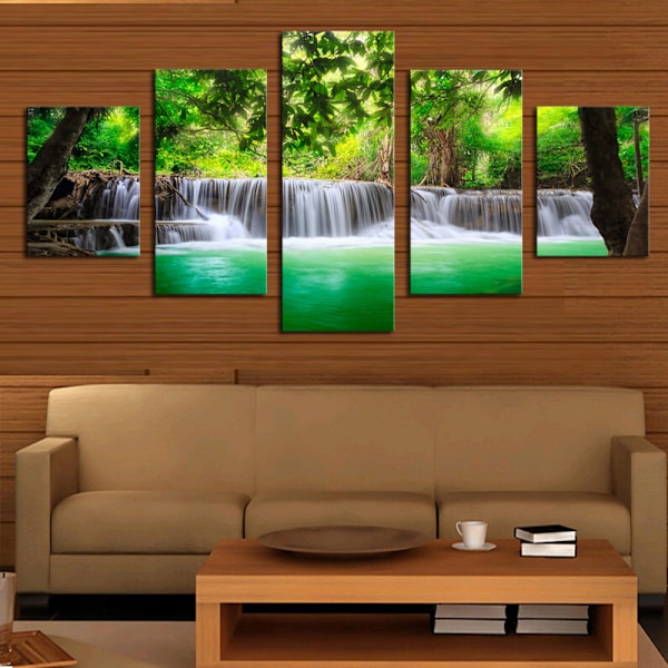Canvasbilder Heminredning Väggkonst Posters 5 Stycken Grön Vattenfall