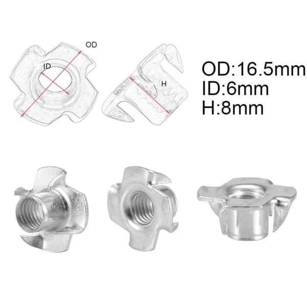 100 stk. M6 4 ben T-møtrikker indsatser Carbon Stål Materiale Zinkplade