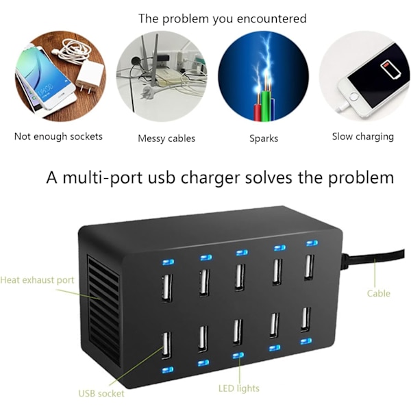 USB Opladningsstation, 50W 10-Ports USB Oplader Hub, Multi-Port DXGHC