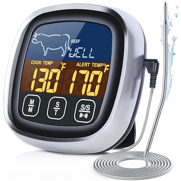 Kötttermometer, med lång sond, digital kötttermometer med stor pekskärm LCD, kökstimer, grilltermometer