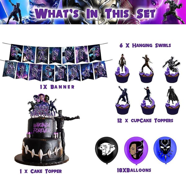 Black Panther Tema Bursdagsfest Tilbehør Ballonger Banner Kakepynt Dekor
