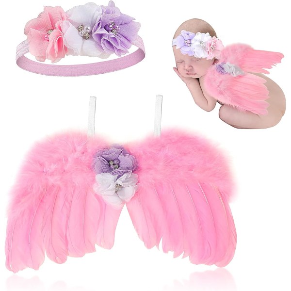 Pakkaa 2 enkelin siivet kukkanauhalla vastasyntyneiden valokuvarekvisiitta (vaaleanpunainen
