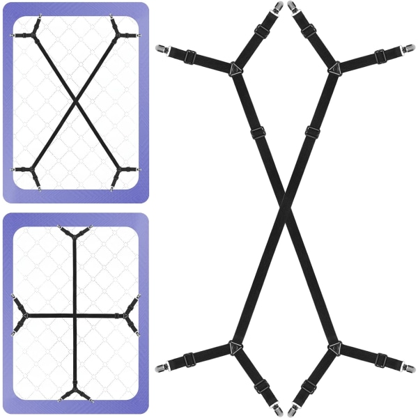 Sengetøyfestebelte - 2 sett/8 måter, justerbar krysslakenklips