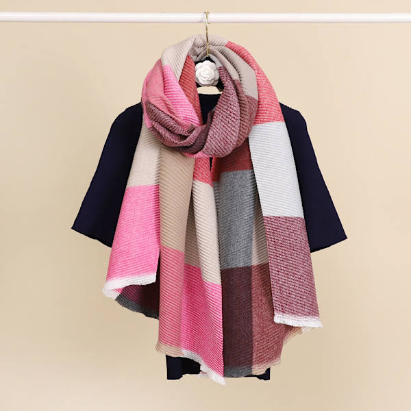Rosa polyesterbomulls-scarf med flerfärgad linje-rutig design för kvinnor, varm och elegant