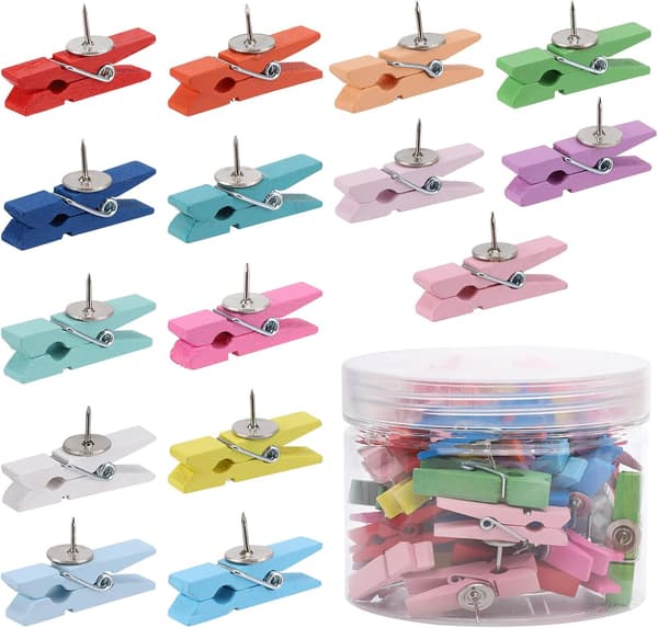 50-pack Pushpins med Träklämmor för Korktavla, Konstprojekt,