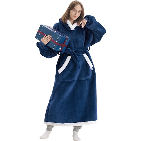 Oversized bærbart pledd-hettegenser, lang Sherpa fleece pledd-genser