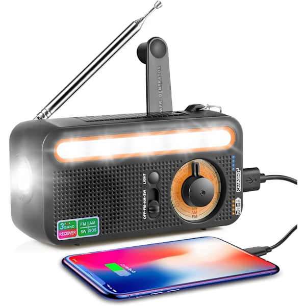 （Svart）Solcellsdriven vevradio Bärbar laddningsbar radio med AM