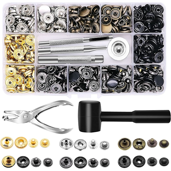 120 sæt læder trykknap-sæt med hammerhuller, 12,5 mm metal trykknapper trykknapper med 4 indstillingsværktøjer til Cl