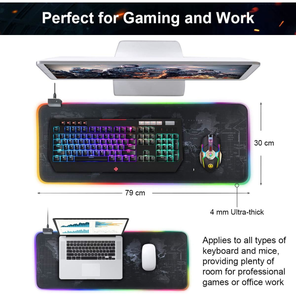 Spillmatte for Gaming, LED-belyst Spillmatte, XL Spillmatte med Anti-S