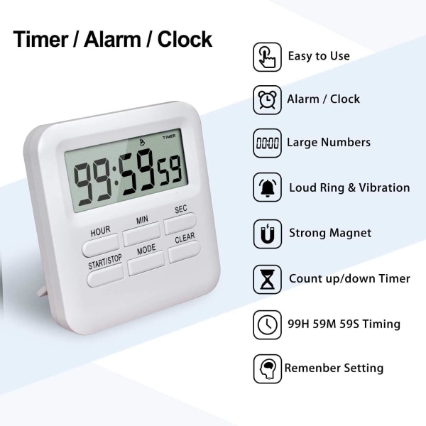 Digital Timer med Klocka/Väckarklocka Funktion 3 i 1, Magnetisk Ki