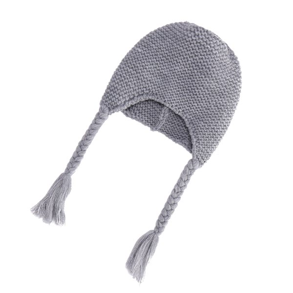 Stickad Bebis Pälsbollkeps Justerbara Flätor Öronmuffar Plus Fleece