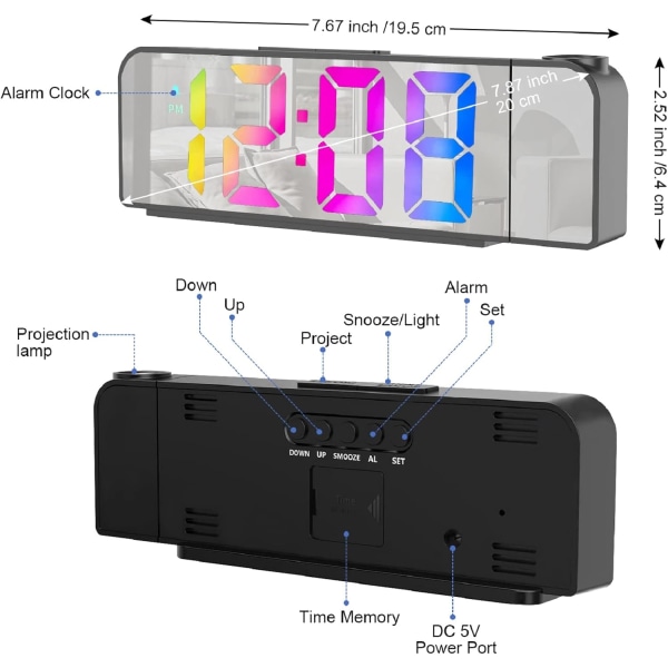 Loftprojektor vækkeur, spejl vækkeur med LED-skærm