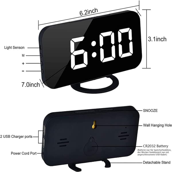 Digital väckarklocka, Väckarklocka i sängen, 7\" LED-spegelväckarklocka