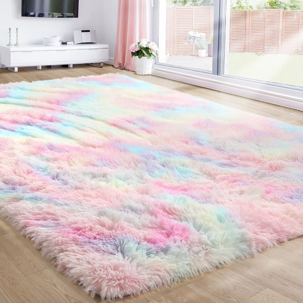 Rainbow Fluffy mattor för flickor sovrum, Unicorn Room Decor, Pastell