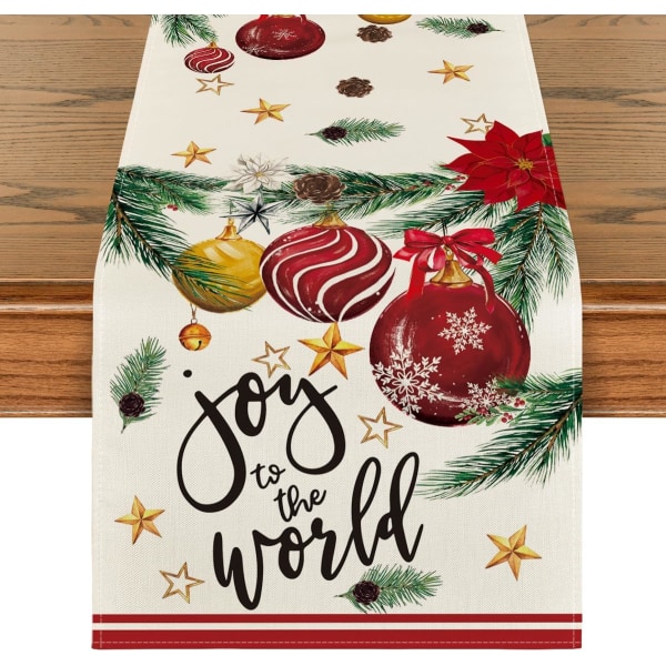 Joy to The World Xmas Balls Christmas Table Runner, Pine Cone Winter Holiday Kitchen Dining Table Decoration for Home Pa