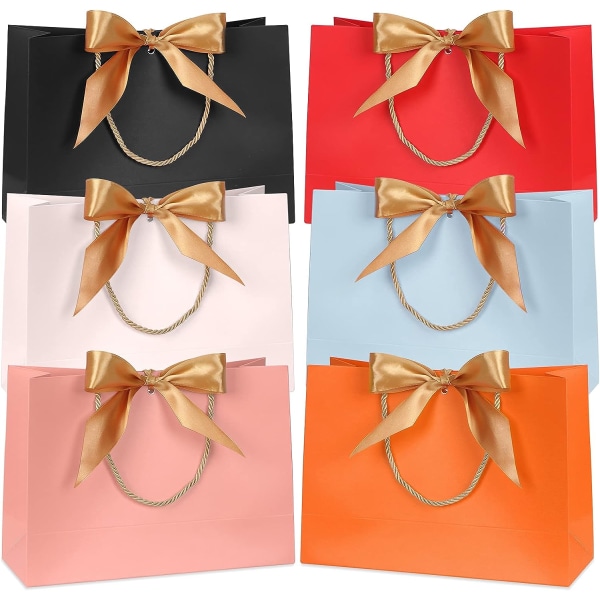 6pcs Gift Bags, Waterproof Colored Paper Gift Bags with Gold Bow