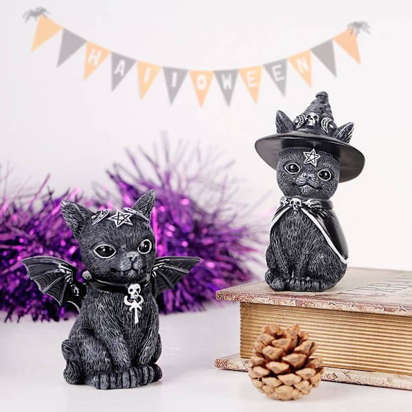 Svart Katt Harpiks Statue, Maskert Vinget Magisk Katt Skulptur Hage