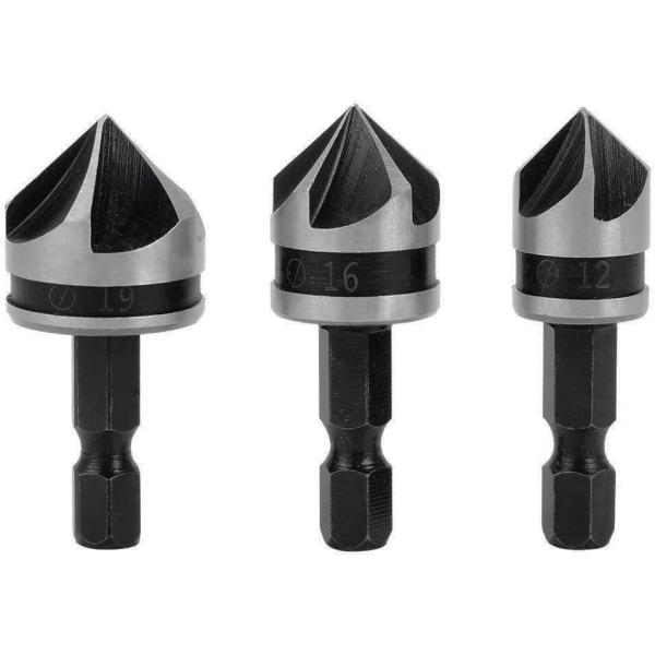3 st 1/4\" Hex Chamferfräs 5-bladig Borr Bits Countersink Sänk